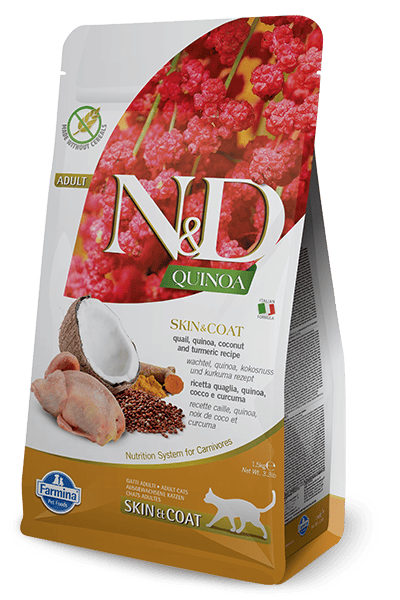 FARMINA N&D CAT GF QUINOA QUAIL SKIN COAT sausā barība kaķiem Paipala, kvinoja 1.5kg